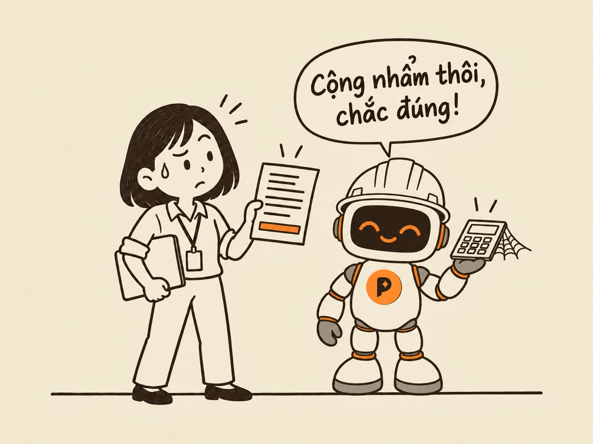 Tranh nét: robot kỹ sư thoải mái cầm chiếc máy tính bỏ túi phủ mạng nhện, nói “Cộng nhẩm thôi, chắc đúng!”, người trẻ đi làm cầm tờ giấy có dòng tổng tô cam, nhướng mày lo lắng