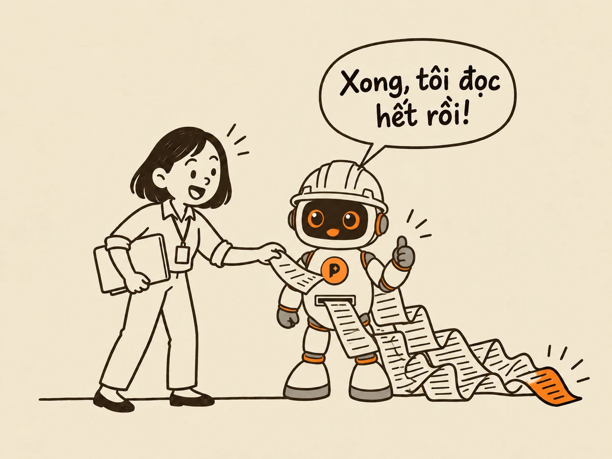 Tranh nét: người trẻ đi làm đút cuộn giấy dài vào khe bụng robot kỹ sư, đoạn cuối tô cam tuột rơi phía sau mà không ai thấy; robot giơ ngón cái tự hào nói “Xong, tôi đọc hết rồi!”