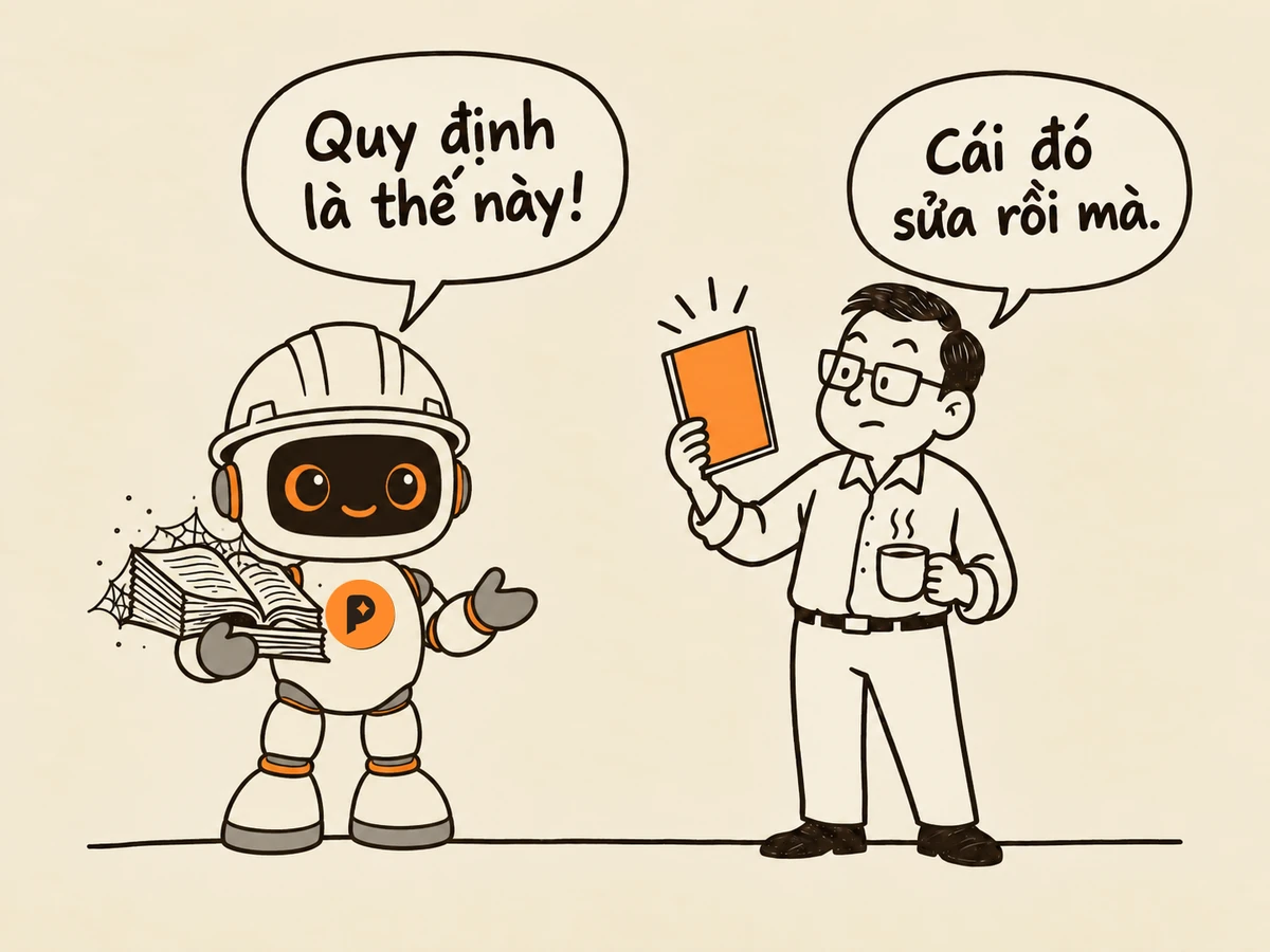 Tranh nét: robot kỹ sư cầm cuốn sách luật cũ phủ mạng nhện, tự tin nói “Quy định là thế này!”; người sếp giơ cao tập văn bản mới bìa cam, nhướng mày đáp “Cái đó sửa rồi mà.”