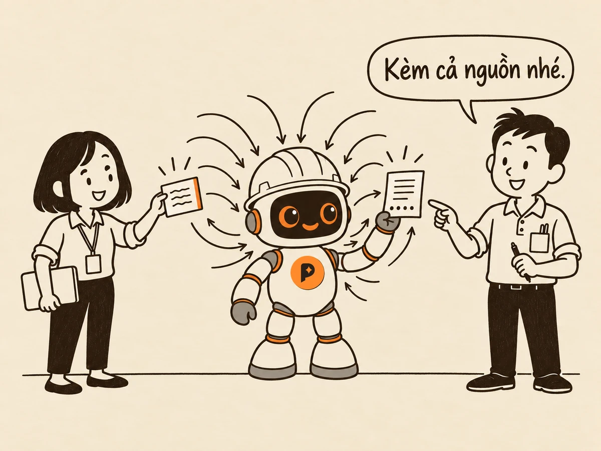 Tranh nét: "Bạn" đưa một mảnh giấy ghi yêu cầu cho robot kỹ sư (mũ trắng, mắt cam); robot xoè ra nhiều tia sáng nhỏ toả đi bốn hướng như đang tìm khắp nơi, rồi các tia đó gom ngược lại thành một tờ giấy có vài dấu chấm nhỏ ở lề dưới; "Tôi" đứng cạnh chỉ vào tờ giấy đó, nói "Kèm cả nguồn nhé."