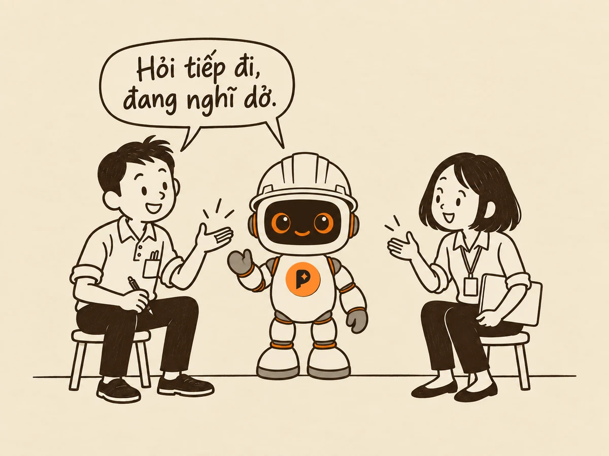 Tranh nét: "Tôi" và "Bạn" ngồi hai bên robot kỹ sư, cả ba nghiêng người ra trước, tay ra hiệu như đang trò chuyện qua lại; robot nói "Hỏi tiếp đi, đang nghĩ dở."