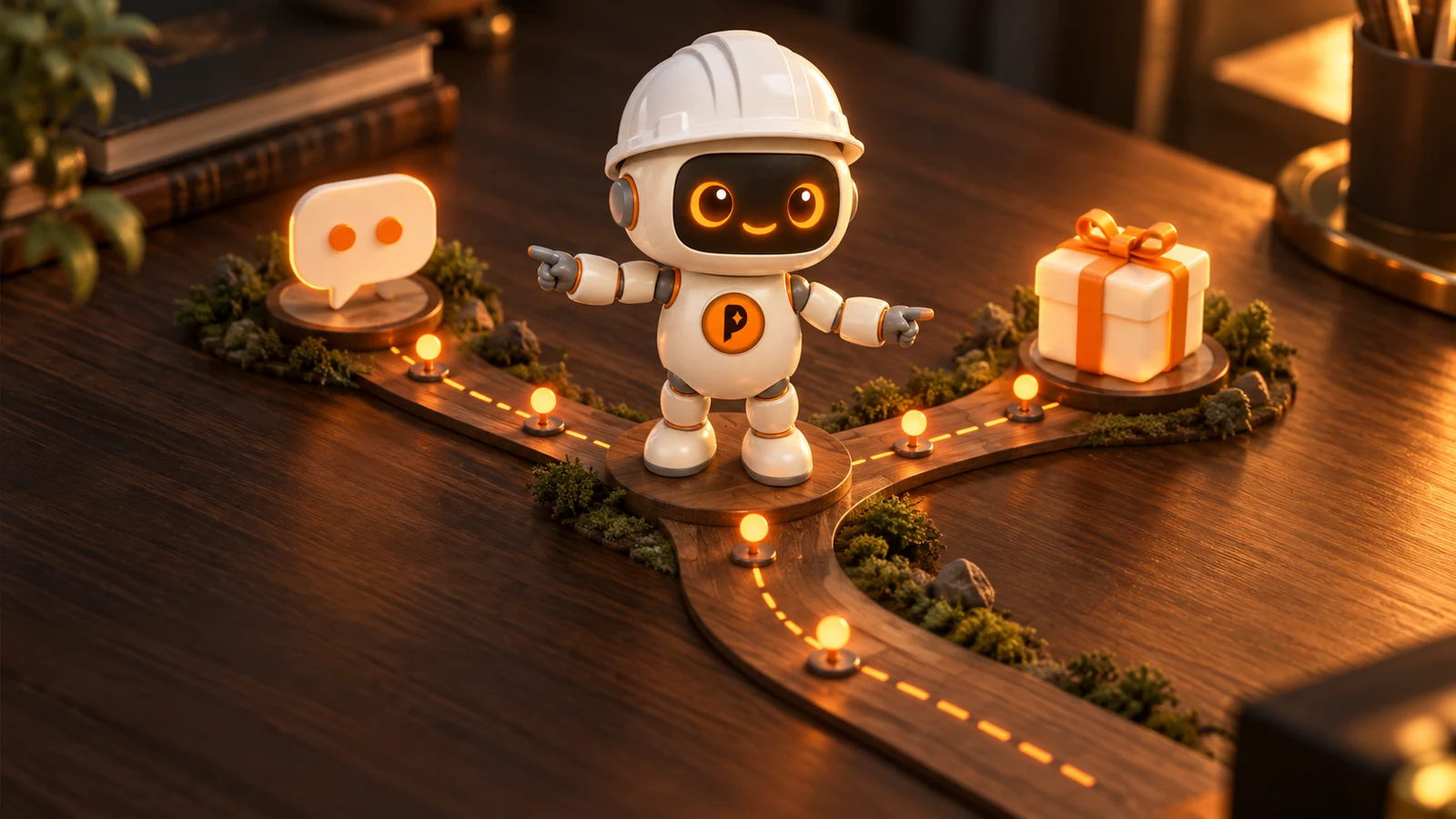 Robot kỹ sư AI đứng giữa ngã ba đường trên bàn gỗ, một tay chỉ về khung chat trao đổi, một tay chỉ về hộp quà đã gói xong tượng trưng việc giao trọn, biểu tượng nối bằng đường chấm cam