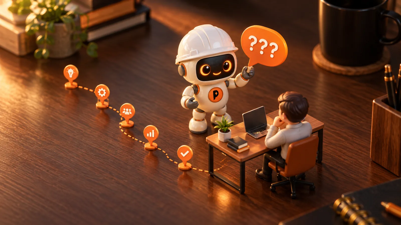 Robot kỹ sư AI đưa bảng hỏi ba dấu chấm hỏi cho người ngồi bàn làm việc, lộ trình 5 chặng học nối bằng đường chấm cam trên bàn gỗ