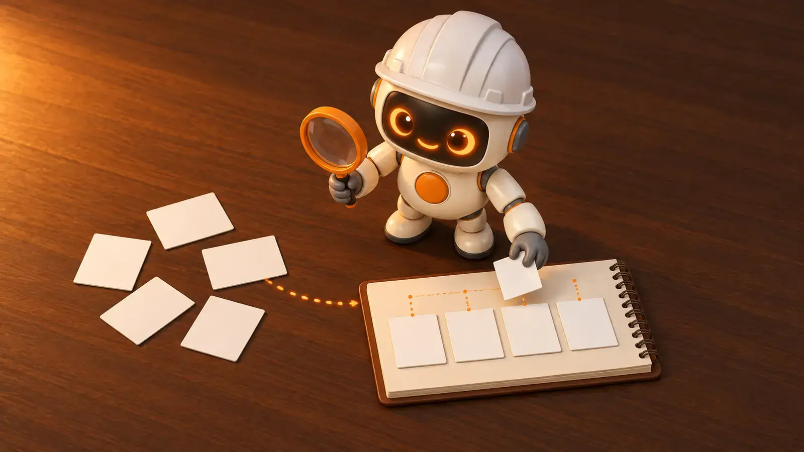 Robot kỹ sư AI cầm kính lúp viền cam soi một chồng thẻ trắng rời rạc bên trái, tay kia đặt thẻ vào một cuốn sổ mở đã sắp gọn bốn thẻ nối bằng đường chấm cam, bàn gỗ