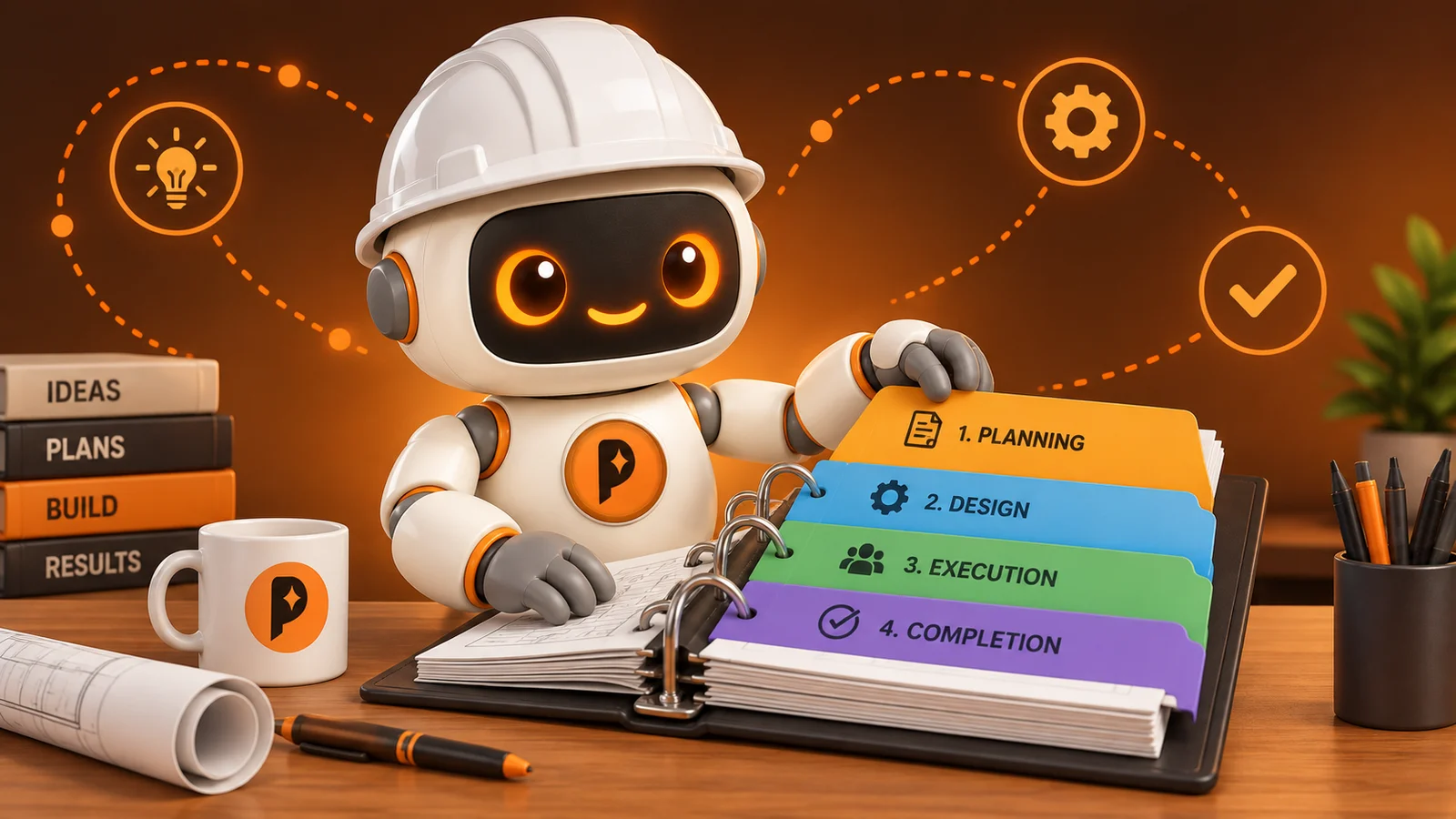Robot kỹ sư AI sắp xếp một cuốn sổ project có 4 thẻ nhãn phân mục, bàn gỗ, biểu tượng nối bằng đường chấm cam
