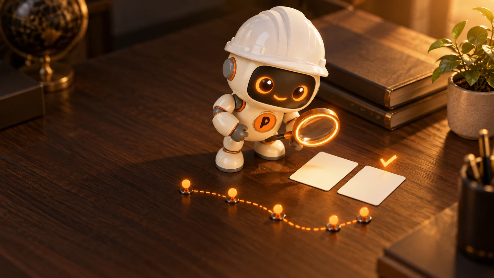 Robot kỹ sư AI cầm kính lúp viền cam soi hai tấm thẻ trắng giống nhau đặt cạnh nhau trên bàn để so sánh, một dấu tích cam mờ phía trên, bàn gỗ, biểu tượng nối bằng đường chấm cam