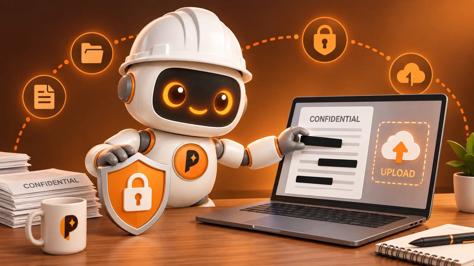 Robot kỹ sư AI che dòng nhạy cảm trên màn hình laptop bằng thanh đen trước khi tải lên, tay kia cầm khiên bảo mật, bàn gỗ, biểu tượng nối bằng đường chấm cam