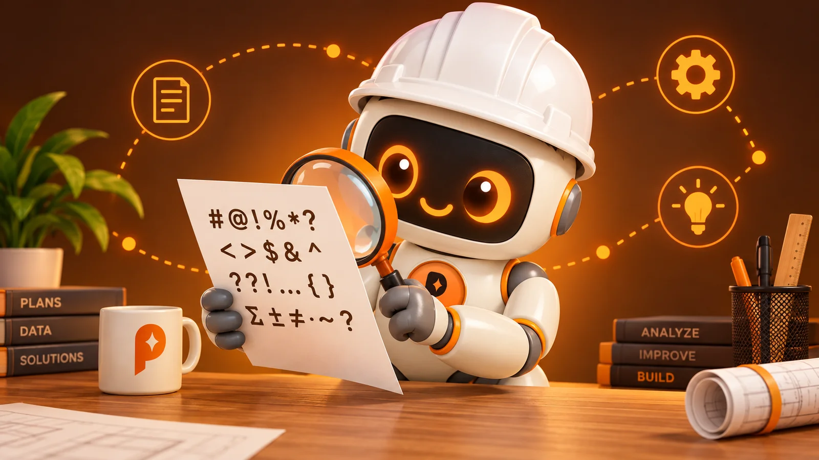 Robot kỹ sư AI cầm kính lúp soi một tờ giấy đầy ký tự lỗi, chẩn đoán câu trả lời AI bị hỏng, bàn gỗ, biểu tượng nối bằng đường chấm cam