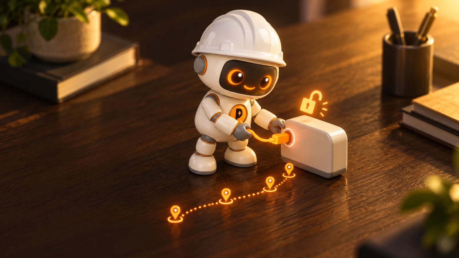 Robot kỹ sư AI cắm một dây nối cam sáng vào một thiết bị nhỏ trên bàn, biểu tượng ổ khoá hé mở bên cạnh, bàn gỗ, biểu tượng nối bằng đường chấm cam