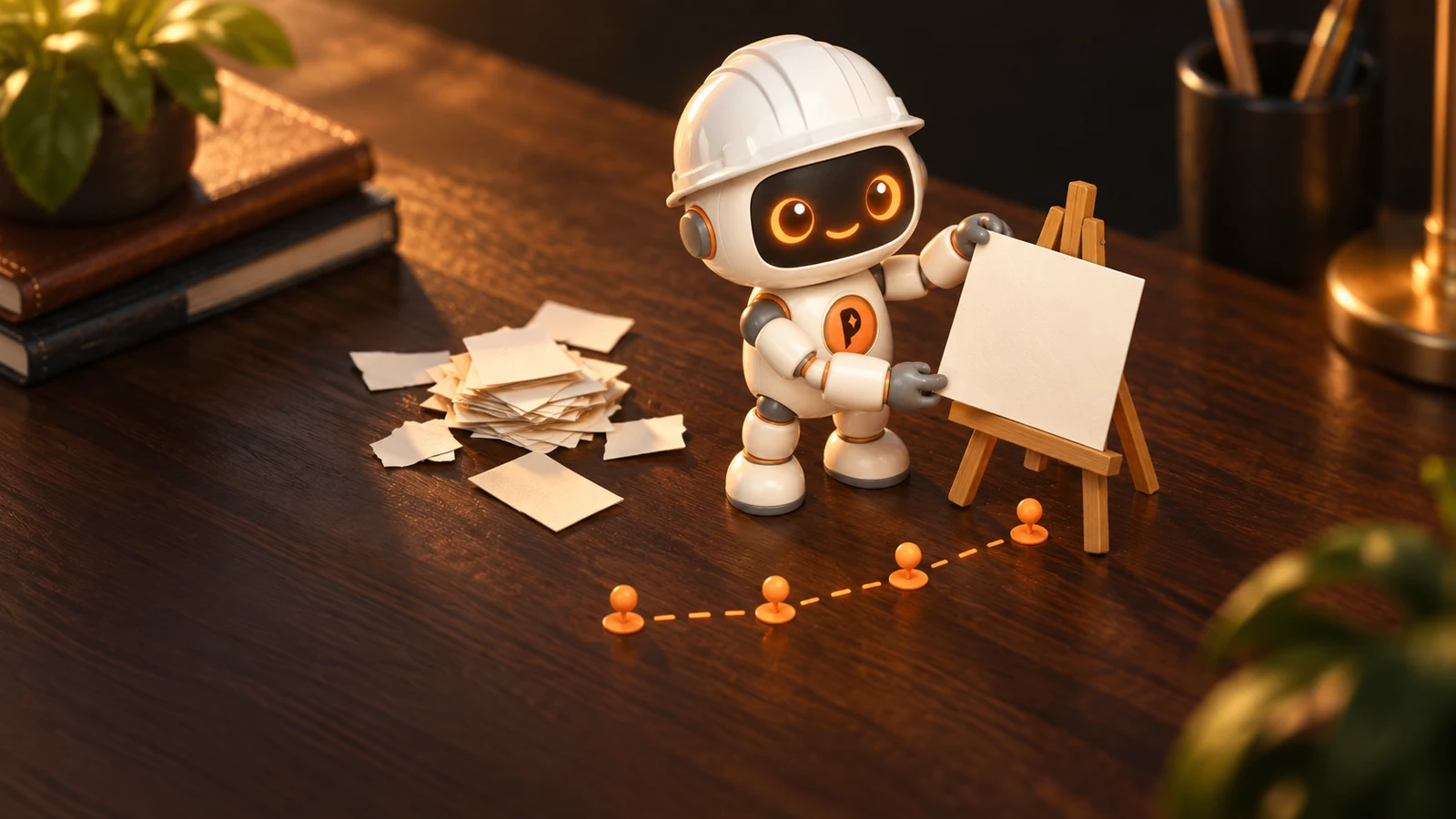 Robot kỹ sư AI nhấc một tấm thẻ trắng ra khỏi đống giấy vụn trên bàn, đặt lên giá vẽ nhỏ bên cạnh, bàn gỗ, biểu tượng nối bằng đường chấm cam