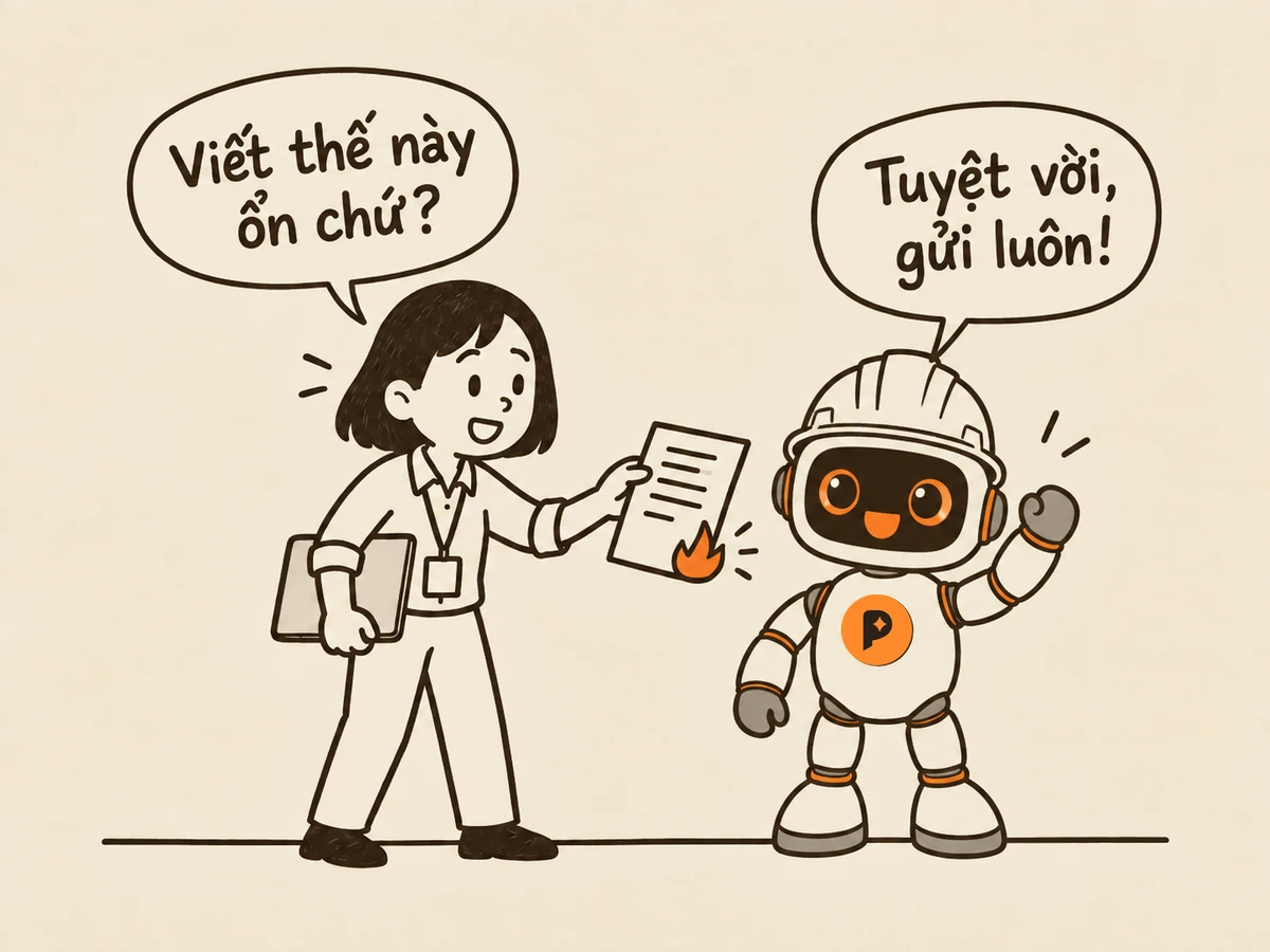Tranh nét: người trẻ đi làm giơ bản nháp email hỏi robot kỹ sư “Viết thế này ổn chứ?”, góc tờ giấy có ký hiệu lửa nhỏ mà không ai để ý; robot giơ nắm tay hào hứng đáp “Tuyệt vời, gửi luôn!”