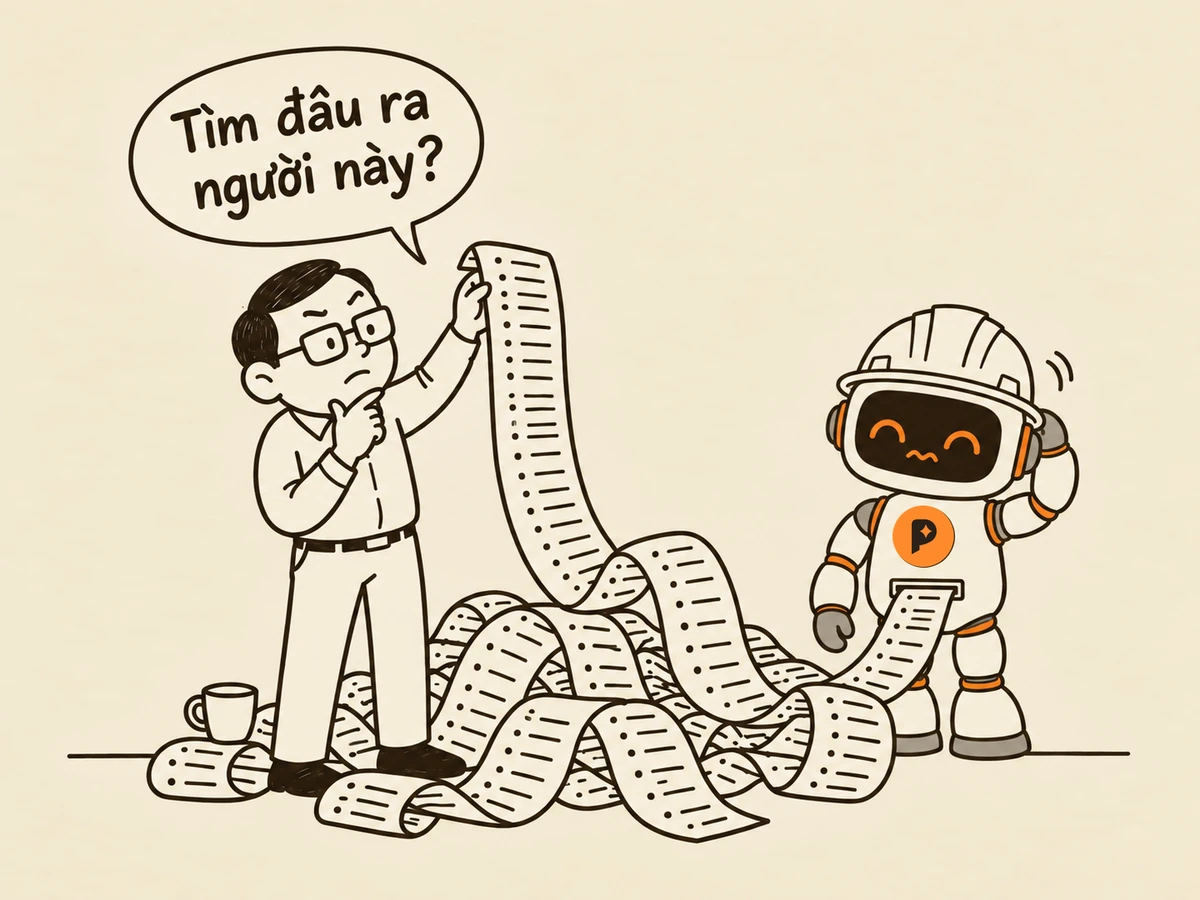 Tranh nét: từ khe bụng robot kỹ sư tuôn ra cuộn giấy yêu cầu tuyển dụng dài ngoằn phủ kín sàn, robot đưa tay lên đầu ngượng nghịu; người sếp cầm đầu cuộn, nhướng mày hỏi “Tìm đâu ra người này?”