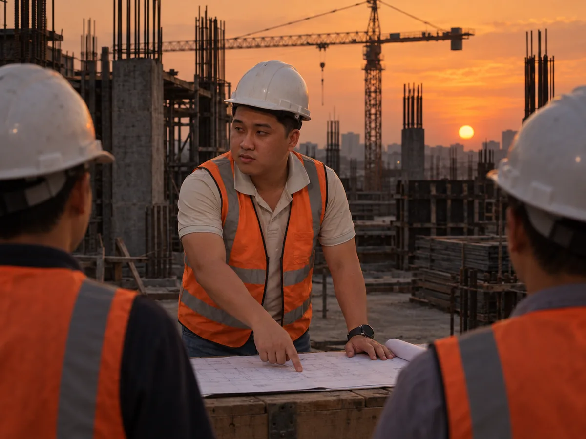 Phát đội mũ bảo hộ, chỉ vào bản vẽ trải trên thùng gỗ giữa sàn bê tông lúc chạng vạng, hai người mặc áo phản quang đứng quay lưng