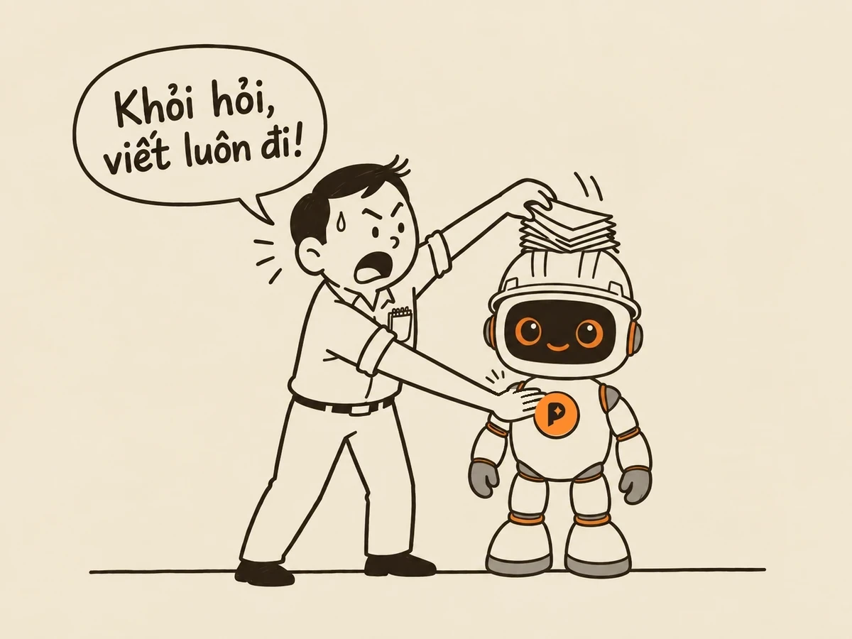 Tranh nét: người viết bực dọc đặt cả xấp ghi chú lên đầu mũ bảo hộ của robot kỹ sư, tay kia ấn nhẹ vào ô ngực nó, quát “Khỏi hỏi, viết luôn đi!”; robot vẫn đứng yên, mặt bình thản mỉm cười