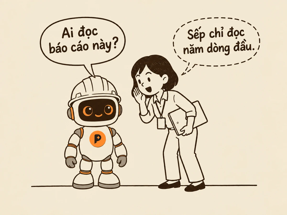 Tranh nét: robot kỹ sư đội mũ bảo hộ hỏi “Ai đọc báo cáo này?”, người trẻ đi làm cúi sát, tay che miệng thì thầm “Sếp chỉ đọc năm dòng đầu.”