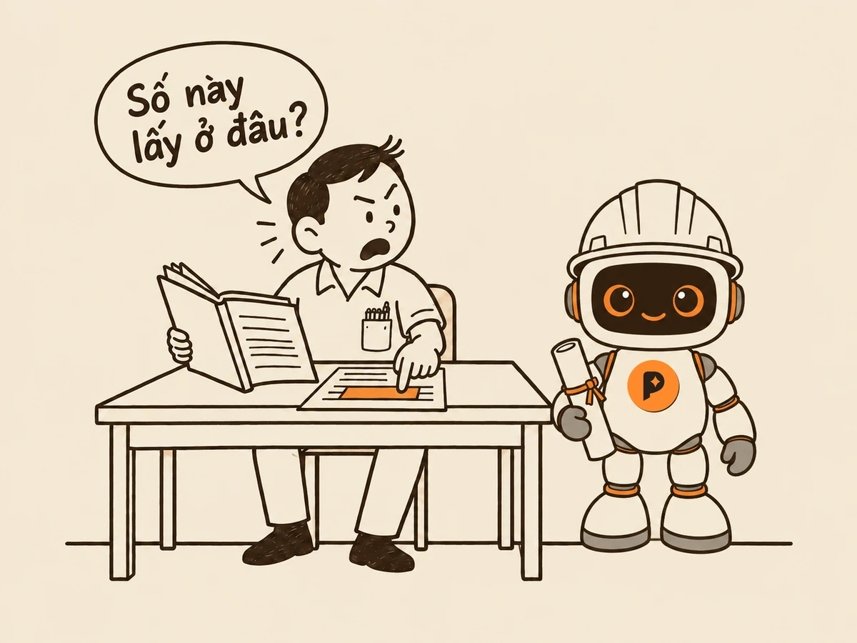 Tranh nét: người viết ngồi bàn, một tay mở tập hồ sơ gốc, ngón tay kia chỉ dòng tô cam trên báo cáo, quay sang hỏi robot kỹ sư đứng cạnh (tay cầm cuộn giấy) “Số này lấy ở đâu?”