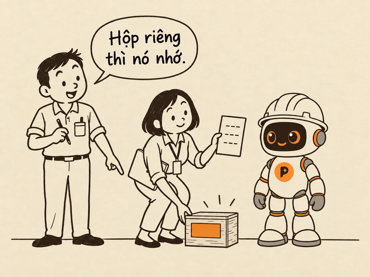 Tranh nét: "Bạn" đặt hộp gỗ nhỏ mặt cam xuống sàn cạnh robot kỹ sư, tay kia cầm tờ giấy ghi bốn dòng gạch đầu dòng; "Tôi" đứng cạnh, chỉ tay vào hộp, nói "Hộp riêng thì nó nhớ."