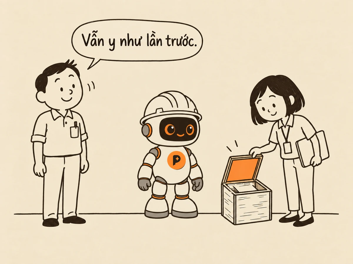 Tranh nét: "Bạn" mở nắp đúng hộp riêng đó lần thứ hai, đặt cạnh robot kỹ sư, tài liệu bên trong vẫn y nguyên vị trí như lần trước; "Tôi" đứng từ xa, gật đầu, nói "Vẫn y như lần trước."
