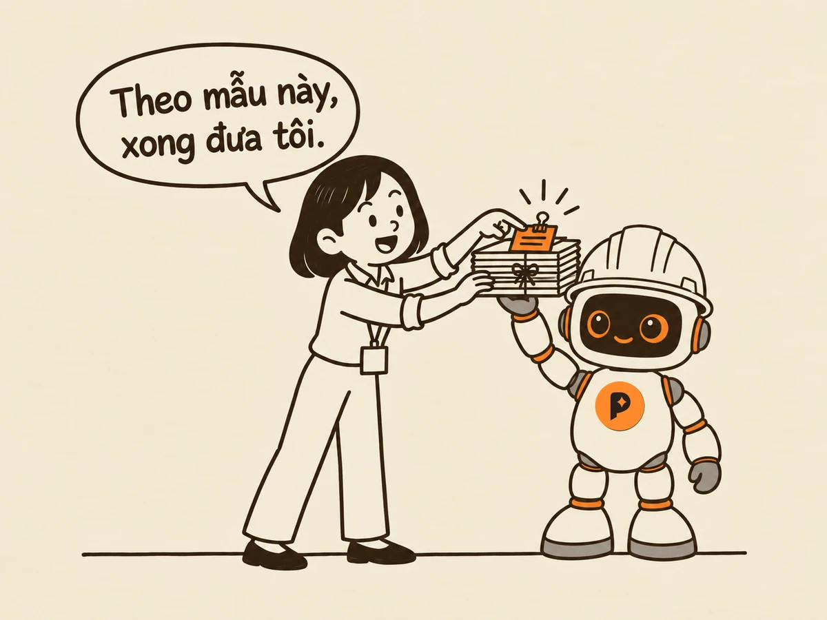 Tranh nét: người trẻ đi làm trao tập hồ sơ buộc dây nơ cho robot kỹ sư, phía trên kẹp tấm thẻ mẫu, tay gõ vào thẻ và nói “Theo mẫu này, xong đưa tôi.”; robot niềm nở giơ tay đón nhận