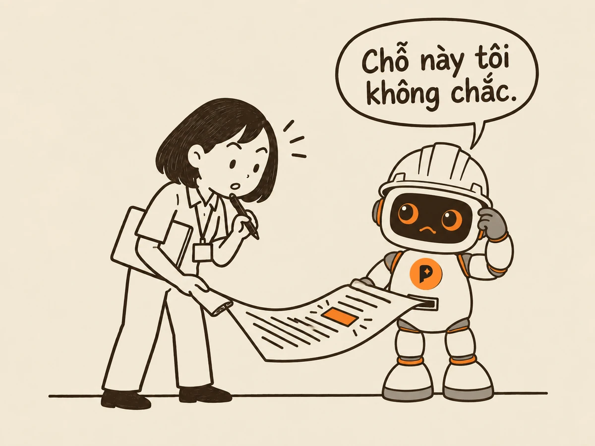 Tranh nét: robot kỹ sư đưa tay lên đầu phân vân, tờ báo cáo từ khe bụng có ô trống tô cam, nói “Chỗ này tôi không chắc.”; người trẻ đi làm cúi xem, tay cầm bút ngay ô đó