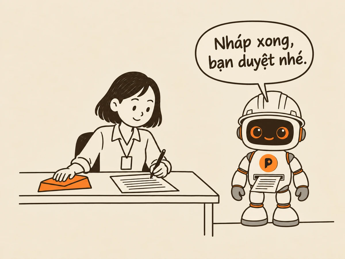 Tranh nét: người trẻ đi làm ngồi bàn xem bản nháp, tay đặt cạnh chiếc phong bì cam; robot kỹ sư đứng bên bàn nói “Nháp xong, bạn duyệt nhé.”