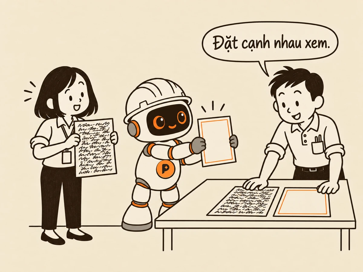 Tranh nét: "Bạn" cầm một tờ giấy cũ có nét mực dày (bản tự làm), robot kỹ sư (mũ trắng, mắt cam) đưa ra một tờ giấy khác có viền cam mảnh (bản AI vừa làm); "Tôi" đặt hai tờ giấy cạnh nhau trên bàn, nói "Đặt cạnh nhau xem."