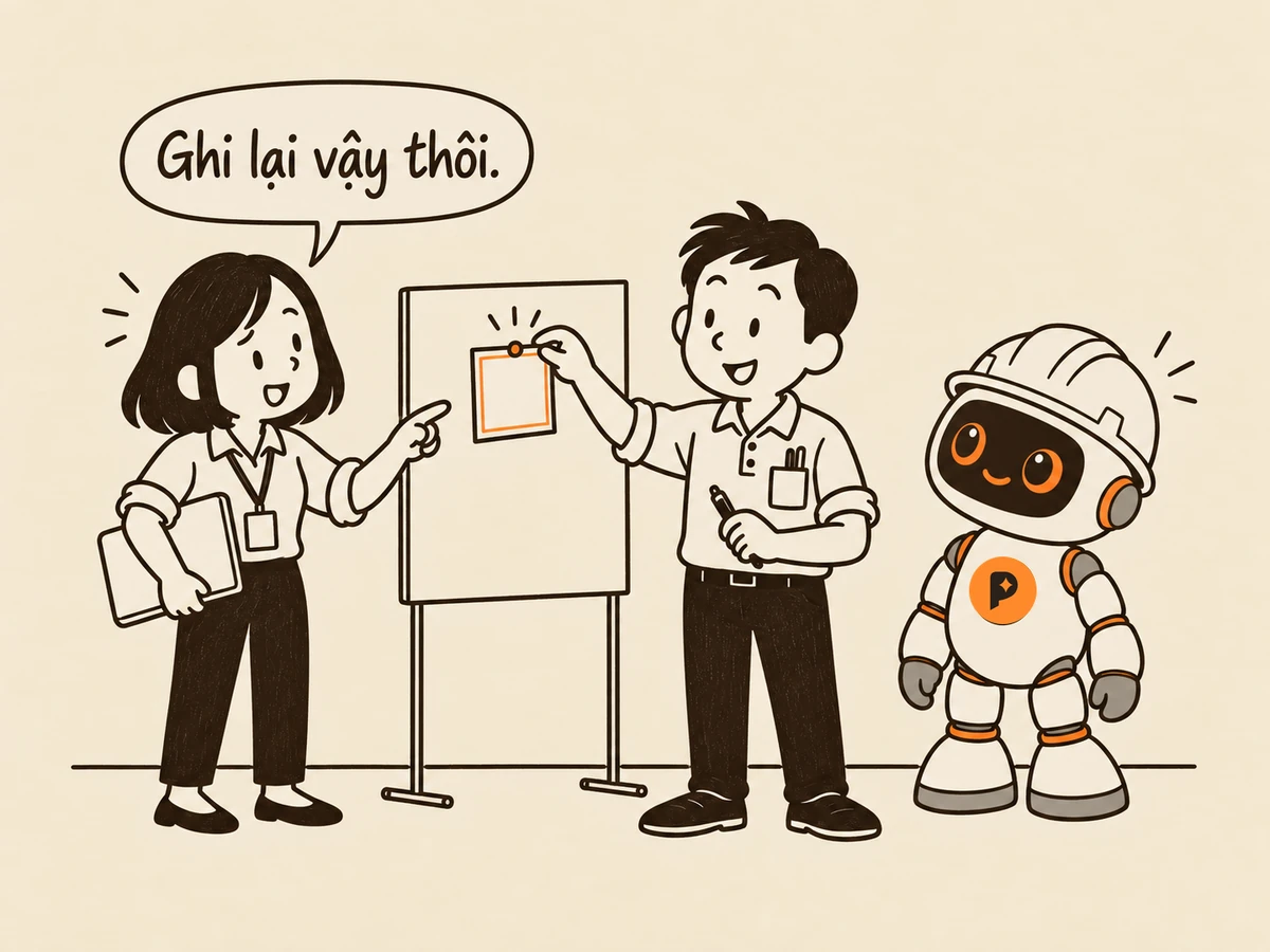 Tranh nét: "Tôi" ghim một mảnh giấy nhỏ có viền cam lên một tấm bảng, robot kỹ sư (mũ trắng, mắt cam) đứng cạnh gật đầu, "Bạn" chỉ tay vào mảnh giấy đó, nói "Ghi lại vậy thôi."