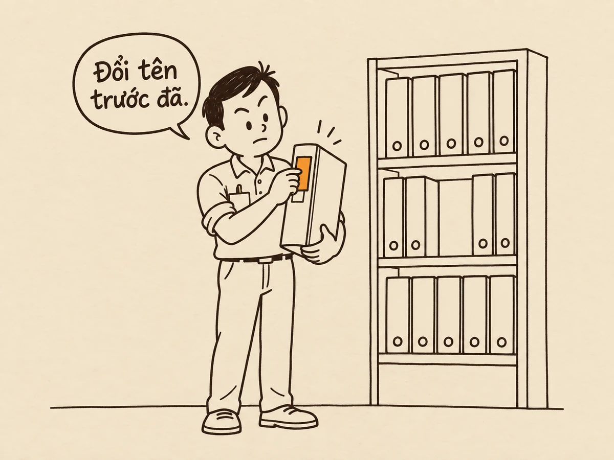 Tranh nét: “Tôi” dán một nhãn giấy tô cam đè lên nhãn cũ ghi tên khách trên gáy một tập hồ sơ, trước khi đặt tập đó lên giá sách mở; “Tôi” nói “Đổi tên trước đã.”