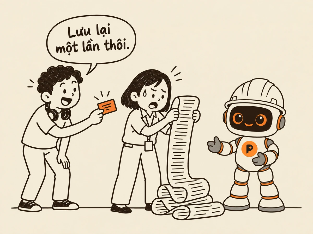 Tranh nét: người trẻ đi làm đứng trước robot kỹ sư, tay đọc cuộn lời dặn dài chạm đất; đồng nghiệp bên cạnh chìa tấm thẻ ghi sẵn, nói “Lưu lại một lần thôi.”