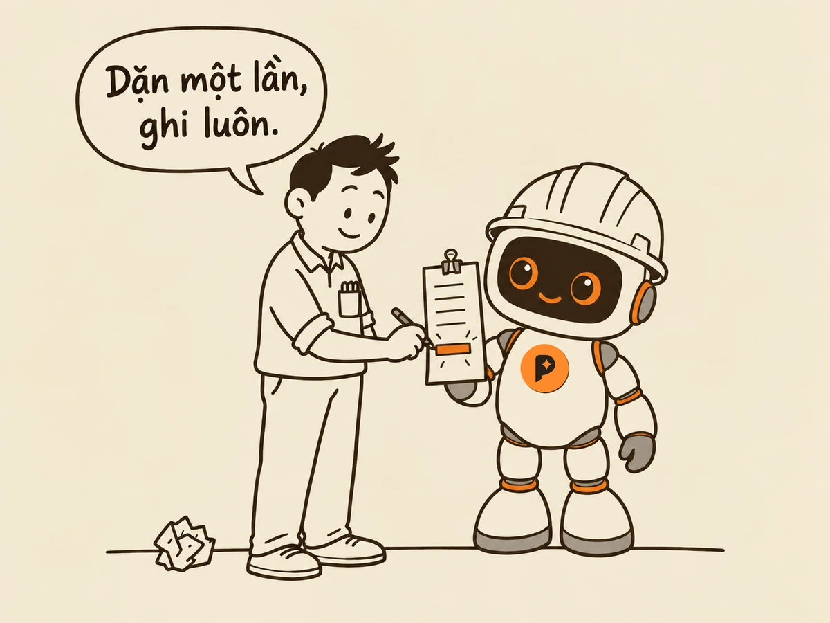 Tranh nét: người viết cầm bút ghi thêm dòng vào tấm bảng kẹp trên tay robot kỹ sư, dưới chân là tờ nháp vò nhàu, nói “Dặn một lần, ghi luôn.”