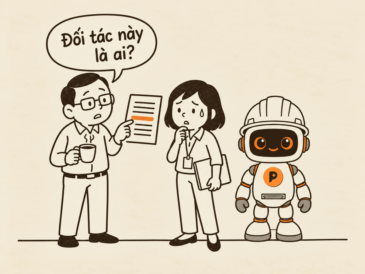 Tranh nét: người sếp cầm bản công văn vừa in, chỉ dòng tô cam giữa trang, hỏi “Đối tác này là ai?”; người trẻ đi làm đứng cạnh toát mồ hôi, robot kỹ sư đứng lặng phía sau