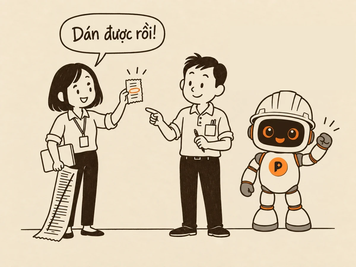 Tranh nét: "Bạn" một tay buông dải giấy dài đã gạch chéo bỏ, tay kia giơ mẩu giấy ngắn khoanh tròn cam, cười nói "Dán được rồi!"; "Tôi" đứng cạnh chỉ tay tán thành, robot kỹ sư phía sau giơ nắm tay ăn mừng, không nói gì