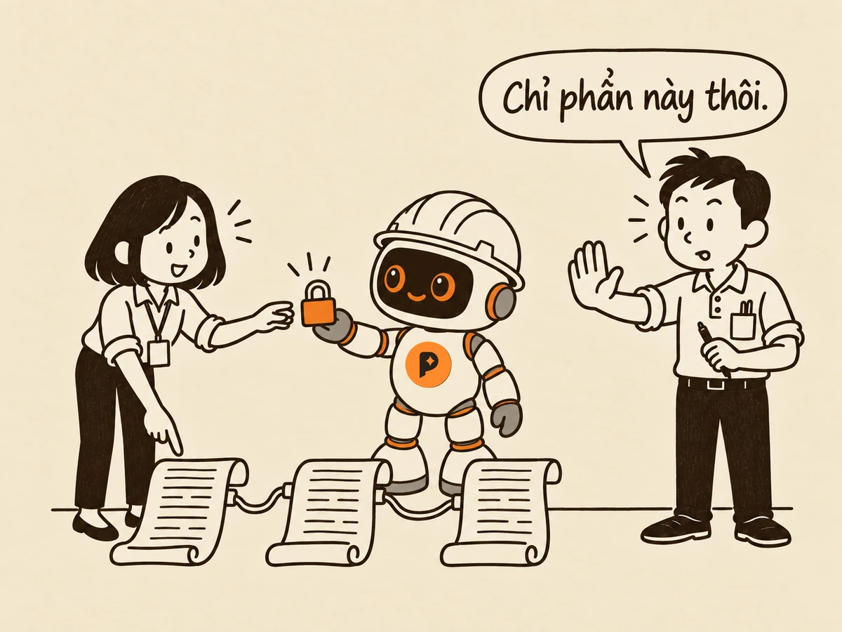 Tranh nét: robot kỹ sư (mũ trắng, mắt cam) đưa một ổ khoá nhỏ cho "Bạn" cầm, chỉ đúng một phần trong ba cuộn giấy đã nối; "Tôi" giơ tay ra hiệu dừng, nói "Chỉ phần này thôi."