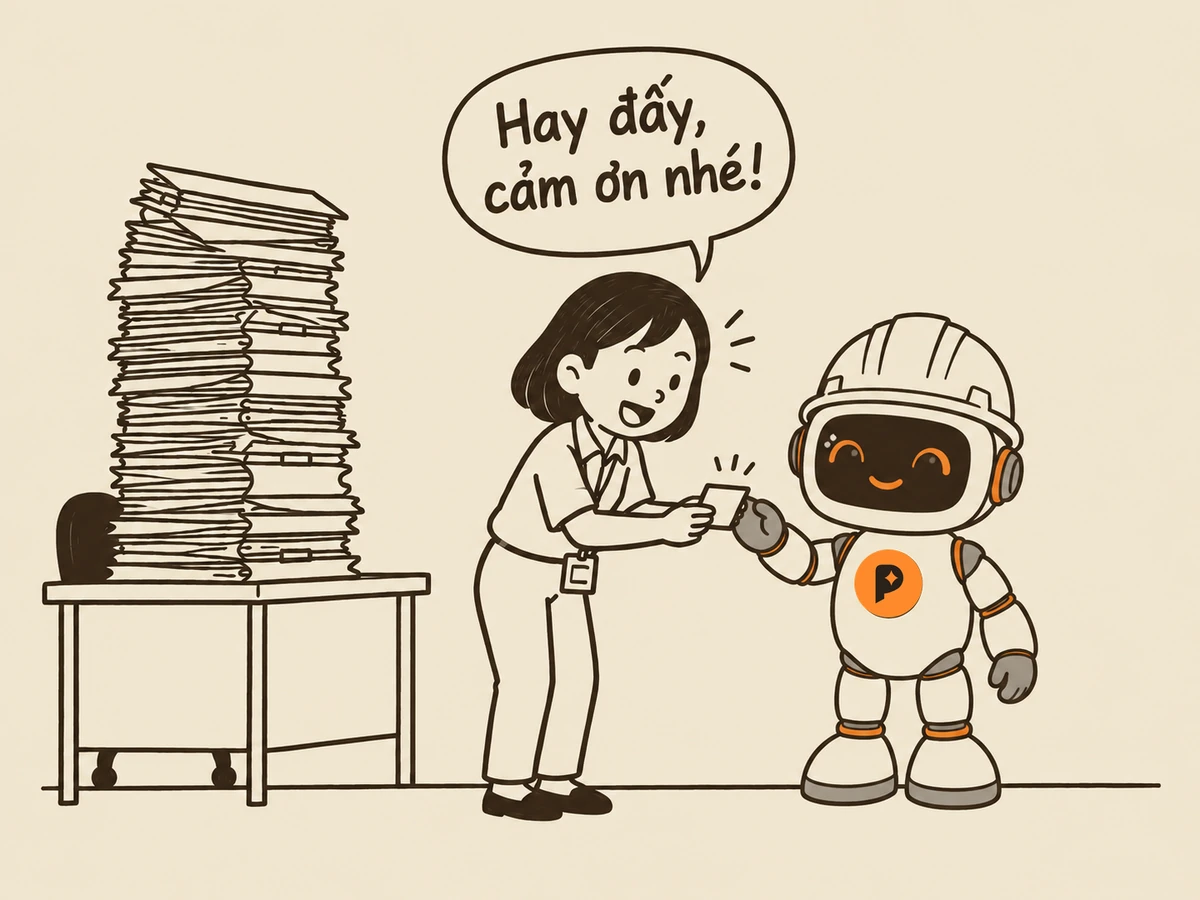 Tranh nét: người trẻ đi làm vui vẻ nhận mẩu giấy nhỏ từ tay robot kỹ sư, nói “Hay đấy, cảm ơn nhé!”; phía sau là chồng hồ sơ cao ngất trên xe đẩy, chưa ai đụng tới
