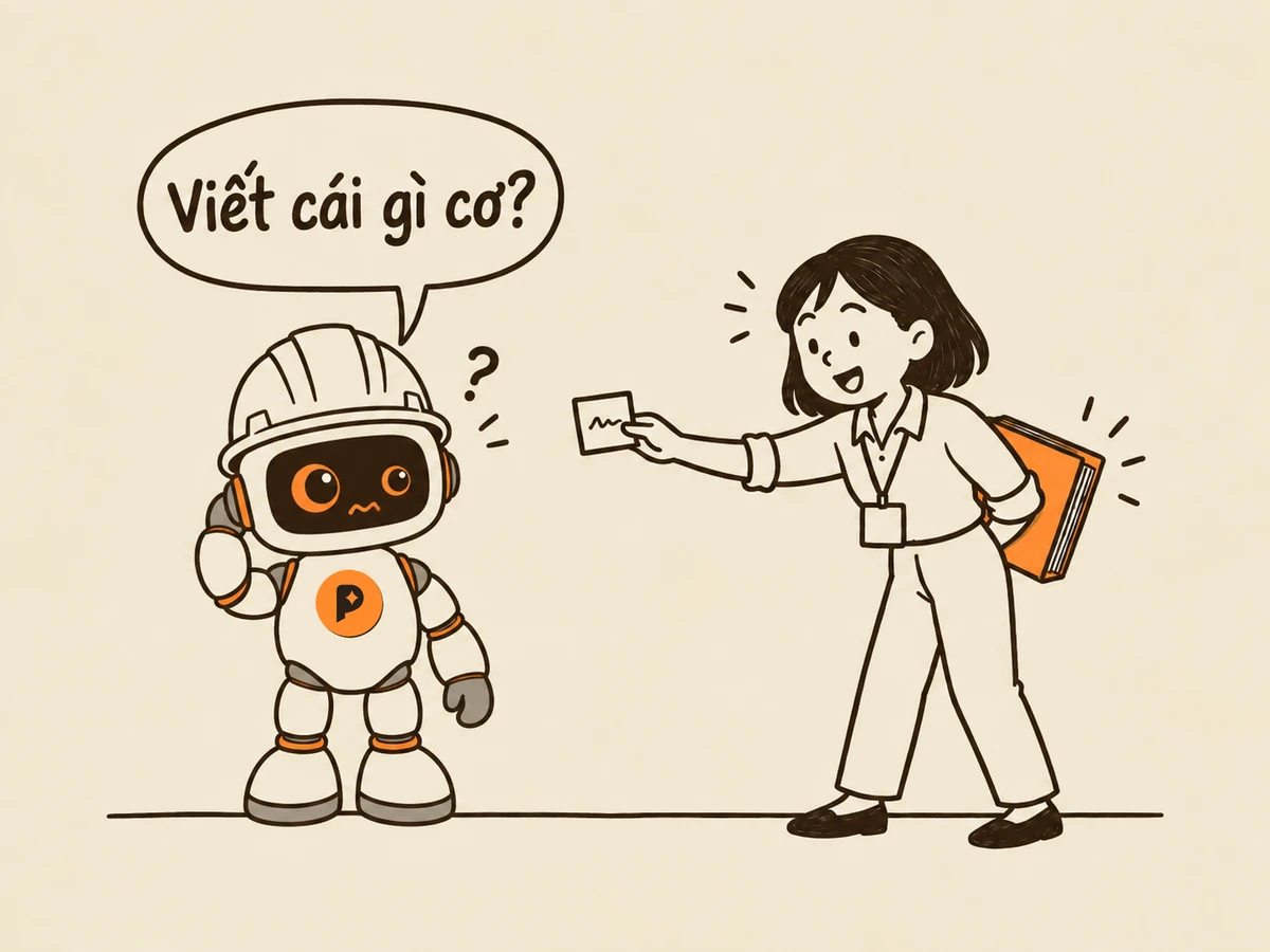 Tranh nét: người trẻ đi làm chìa cho robot kỹ sư một mẩu giấy tí xíu, tay kia ôm cuốn hồ sơ dày phía sau lưng; robot gãi đầu bối rối hỏi “Viết cái gì cơ?”