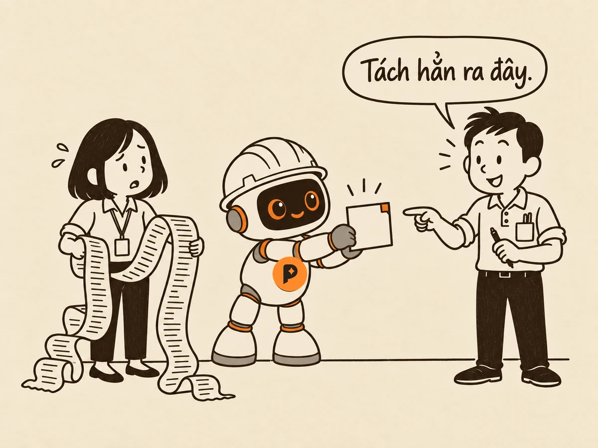 Tranh nét: "Bạn" cầm một cuộn giấy dài lộn xộn, robot kỹ sư (mũ trắng, mắt cam cười) đẩy ra một khung giấy vuông vắn tách riêng có viền rõ; "Tôi" chỉ tay vào khung giấy đó, nói "Tách hẳn ra đây."