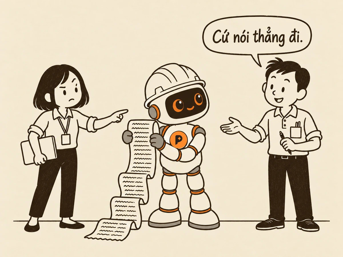 Tranh nét: "Bạn" chỉ tay vào một đoạn chữ dài đang hiện ra từ robot kỹ sư, vẻ mặt sốt ruột; "Tôi" đưa tay ra, nói "Cứ nói thẳng đi."; robot kỹ sư (mũ trắng, mắt cam) nghiêng đầu lắng nghe.